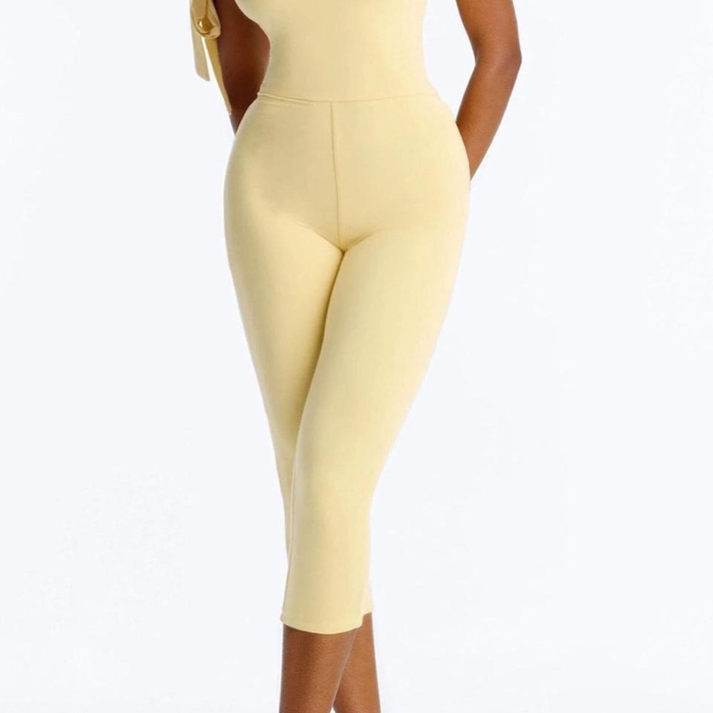 Fashion Nova Butter Yellow One-Shoulder Tie Jumpsuit Capri S